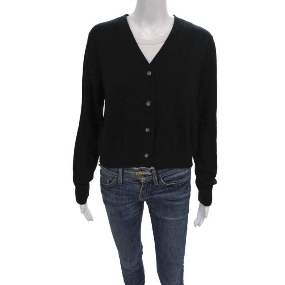 Jessie Liu Women Merino Wool Black V-Neck Cardigan Long Sleeve Size S